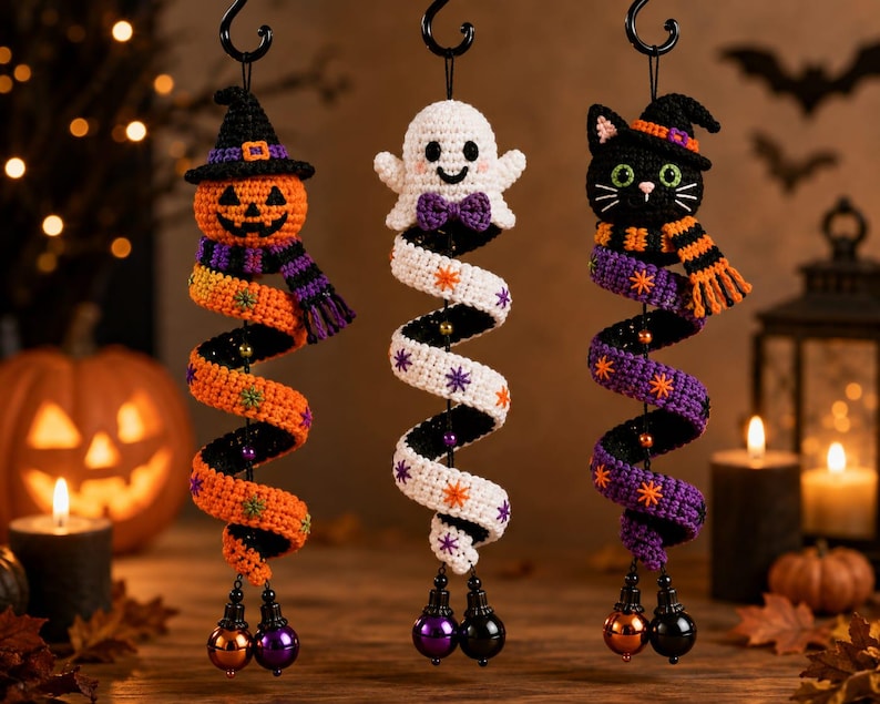 May include: Three hanging crochet ornaments featuring a pumpkin with a witch hat, a white ghost with a purple bow tie, and a black cat with a witch hat and scarf. Each figure has a long, spiraling tail decorated with small star-shaped accents.