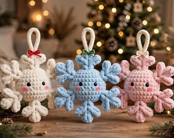 Chunky Chenille Snowflake Trio Crochet Pattern, Smiling Snowflake Ornaments with Bows (PDF Download)