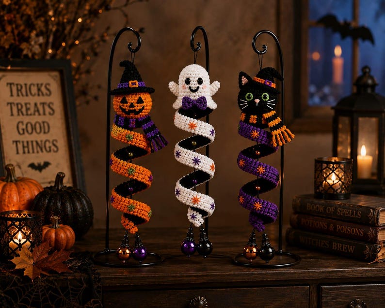 May include: Three crocheted Halloween ornaments hanging from black metal stands. The left is a pumpkin with a witch hat and scarf, the center is a white ghost with a purple bow tie, and the right is a black cat with a witch hat and striped scarf.