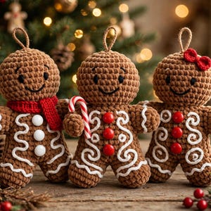 May include: Three brown crocheted gingerbread ornaments with white yarn icing details. The left figure wears a red scarf, the center figure holds a red and white candy cane, and the right figure features a small red bow on its head.
