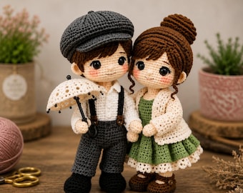 Wzór na szydełkowe lalki w stylu vintage dla par w formacie PDF | Samouczek na amigurumi dla chłopca i dziewczynki (do natychmiastowego pobrania)