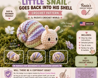 May include: A crochet pattern titled Little Snail Goes Back Into His Shell by Razia's Crochet World. The image features a beige amigurumi snail with a multi-colored striped shell in purple, yellow, and green, shown in various positions.