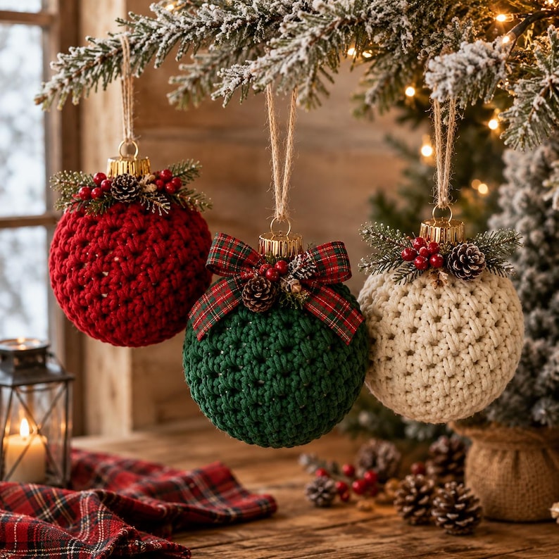 Crochet Christmas Bauble Ornament Pattern | Set of 3 Rustic Holiday