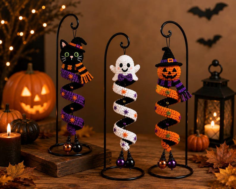 May include: Three crocheted Halloween ornaments hanging from black metal stands. The ornaments feature a black cat, a white ghost, and an orange pumpkin, each wearing a hat and scarf with a spiral body decorated with small star-shaped accents.