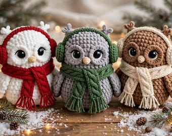 Wzór na szydełkowanie: Chunky Chenille Snowy Owl Trio, pluszowa sowa zimowa z nausznikami (do pobrania w formacie PDF)