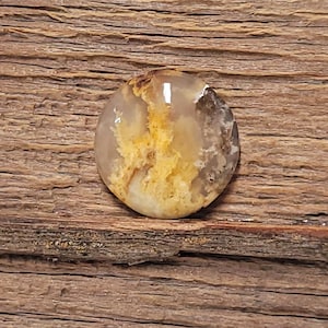 Puede incluir: Una gema redonda y pulida con una mezcla de colores. La piedra presenta una base translúcida con patrones amarillos, marrones y blancos. La gema está sobre un fondo de madera rústica.