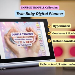May include: A digital tablet displaying a Twin Baby Digital Planner from the Double Trouble Collection. The screen shows text reading Double Trouble Twin babies planner & survival system, with a navigation sidebar and checkmark icons for features.