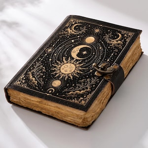 Diario de cuero Celestial Sun Moon, 200 páginas de algodón hechas a mano, diario vintage, cuaderno de escritura