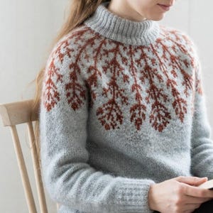 Può includere: Un maglione in maglia grigio chiaro con collo alto e maniche lunghe. Il capo presenta un motivo botanico a contrasto color ruggine attorno allo sprone e alle spalle, realizzato con una consistenza morbida e soffice su tutto il tessuto a maglia.