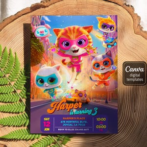 May include: A rectangular birthday invitation card featuring cartoon superhero cats and a pig in a city setting. The text reads Harper is turning 3, with event details including the date, time, location, and RSVP information. A small black square label in the corner says Canva digital templates.