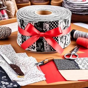 May include: A large roll of black and white patterned fabric strips tied with a bright red satin ribbon. The roll features various floral and geometric designs. Nearby are metal scissors, a seam ripper, lace fabric, and red paper sheets.