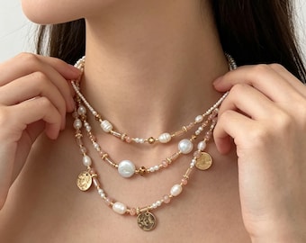 Multi-layer Beaded Long Necklace, French-style Stackable Versatile Sweater Chain