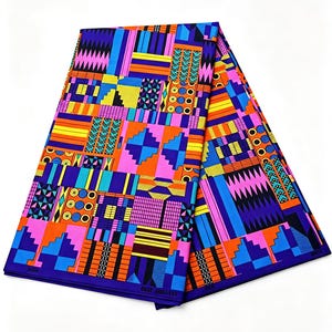 May include: A folded piece of fabric featuring a vibrant, multi-coloured geometric pattern. The design consists of repeating blocks in shades of bright blue, orange, pink, yellow, and purple, showcasing various shapes like zigzags and circles.