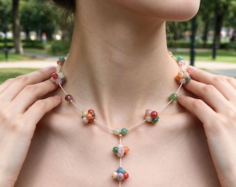 Cadena para clavícula en forma de Y con diseño de racimo de uvas y jade, collar largo colgante hecho a mano con cuentas.