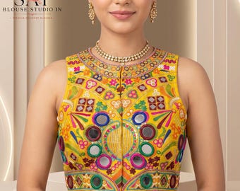 Navratri Kutchi Mirror Work Blouse, Light Yellow Indian Saree Blouse, Embroidered Sleeveless Garba Choli
