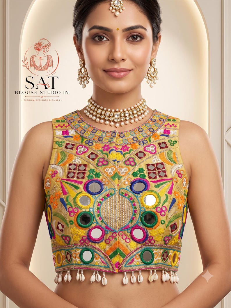Navarti Color Navratri Kutchi Mirror Work Blouse, Light Yellow Indian Saree Blouse ...