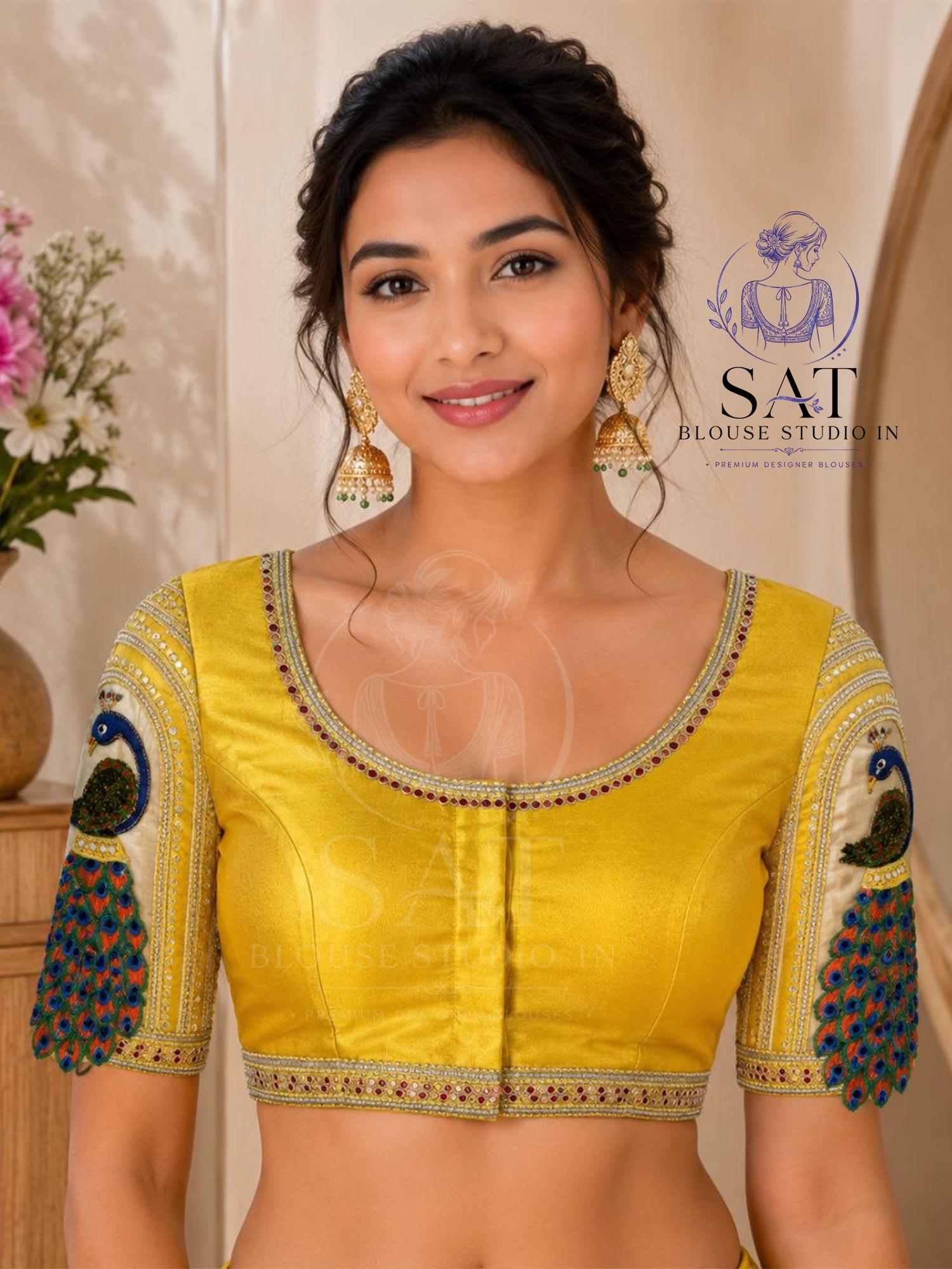 Peacock Bridal Blouse, Yellow Italian Silk Saree Blouse, Embroidered Wedding Blouse, Front Open Padded Blouse, Lehenga Choli Top