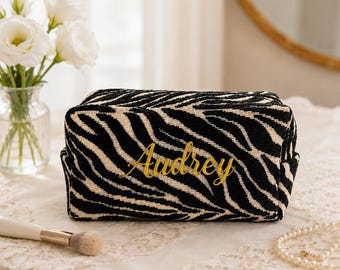 Personalized Zebra Print Makeup Bag, Custom Embroidered Cosmetic Pouch, Travel Toiletry Bag, Bridesmaid Gift, Gift for Her