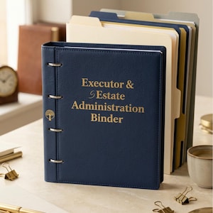 May include: A navy blue three-ring binder with the gold text Executor & Estate Administration Binder on the cover. The binder includes a tree logo on the spine and is accompanied by several manila and blue file folders containing documents.