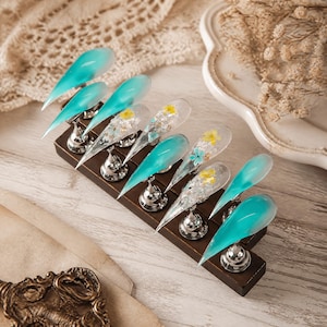 Turquoise Dried Flower Press on Nails, Long Almond Fake Nails, Blue Gradient Nails with Silver Foil, Handmade Summer Beach Press‑ons
