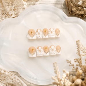 Dreamy White Garden Press On Nails for Your Soft Bridal Moment, 3D Flower Rhinestone Nails with Tiny Gold Star Charms