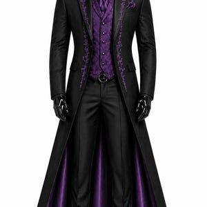 May include: A black long coat featuring purple floral embroidery along the lapels, paired with a matching purple patterned vest, a black shirt, a purple cravat, black trousers, and black dress shoes, all displayed on a mannequin.
