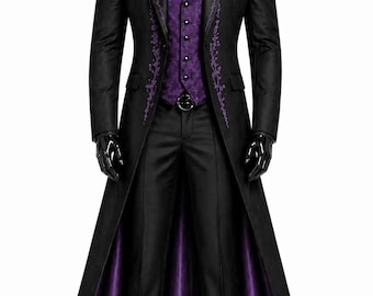 Gothic paarse geborduurde slipjas heren – Victoriaanse vampierjas, steampunk festivaljas, aristocraat bruiloft kostuum katoenen lange jas