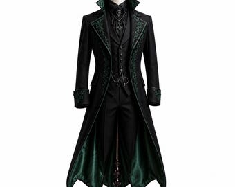Men's Royal Emerald Green Tailcoat | Victorian Gothic Coat | Gold Embroidered Formal Jacket, Vampire Costume, Regency Tailcoat, Prom Tuxedo