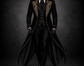 Men's Black Gold Gothic Wedding Tailcoat - Victorian Vampire Groom Coat, Gothic Formal Suit, Steampunk Coat, Embroidered Halloween Costume