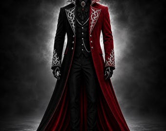 Gothic Black & Red Victorian Tailcoat |Gothic Vampire Coat, Demon Embroidery, Steampunk Formal Cotton Jacket, Dark Wedding Cosplay Costume