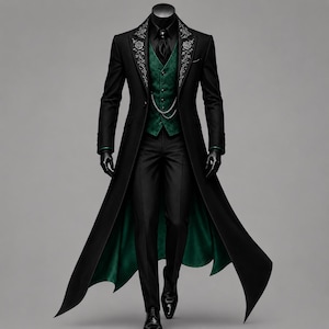 May include: A black long coat featuring silver floral embroidery on the lapels, worn over a dark green textured waistcoat with a silver chain. The ensemble includes a black shirt, black trousers, and black dress shoes, with a green inner lining.