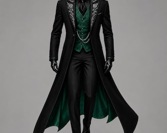 May include: A black long coat featuring silver floral embroidery on the lapels, worn over a dark green textured vest with a silver chain. The ensemble includes a black shirt, black trousers, and black dress shoes, with a green inner lining.