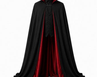 Black Vampire Cloak for Men, Gothic Dracula Cape, Cotton Halloween Cloak, Red Lining Cape, Medieval Vampire Costume Cosplay