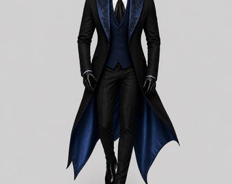 Puede incluir: Un abrigo largo negro con solapa de satén azul que presenta un intrincado bordado negro, combinado con un chaleco azul a juego, una camisa blanca de cuello, una corbata negra, pantalones negros y zapatos de vestir negros en un maniquí.