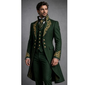 Smaragdgrön viktoriansk frack för män, guldbroderad gotisk brudkappa, steampunk vampyrprins formell maskeradkavaj cosplay