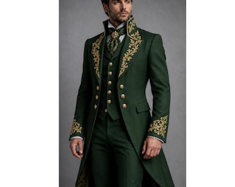 Emerald Green Victorian Tailcoat for Men, Gold Embroidered Gothic Wedding Coat, Steampunk Vampire Prince Formal Masquerade Cosplay Jacket