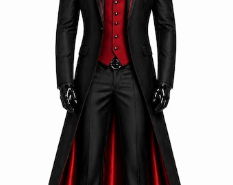 Men's Victorian Gothic Red Embroidered Tailcoat – Steampunk Wedding Frock Jacket, Festival Vampire Black Costume Cotton Long Aristocrat Coat