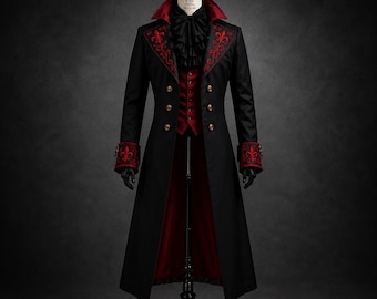 Gothic Dracula Victorian Fleur Red Embroidered Tailcoat – Vampire Black Cotton Long Wedding Masquerade Wear Coat, Steampunk Cosplay Costume
