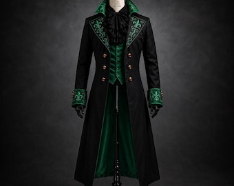 Gothic Black Victorian Fleur Green Embroidered Tailcoat - Vampire Long Cotton Coat, Steampunk Wedding Groom Suit Masquerade Aristocrat Coat