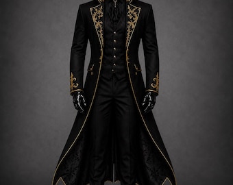 Victorian Gothic Gold Embroidered Tailcoat – Steampunk Wedding Frock Jacket, Festival Vampire Black Costume Cotton Long Aristocrat Coat