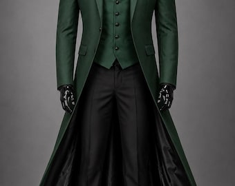Men's Green Victorian Gothic Tailcoat, Vampire Prince Coat, Steampunk Wedding Suit, Long Aristocrat Coat, Gothic Formal Jacket Costume