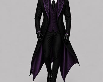 Pode incluir: Um casaco comprido preto com lapelas roxas com bordados pretos intrincados, usado sobre um colete roxo, uma camisa branca de colarinho, uma gravata preta e calças pretas. O casaco tem uma bainha pontiaguda e um forro roxo escuro com luvas pretas.