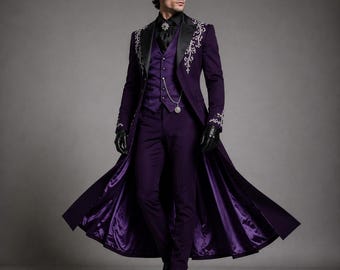 Men's  Gothic Purple Victorian Tailcoat Suit | Luxury Gothic Wedding Tuxedo | Silver Embroidered Formal Steampunk 3 Piece Blazer Formal Set