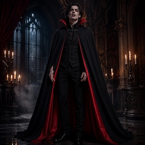 May include: A floor-length black cape with a vibrant red lining and a high standing collar, worn over a black button-down shirt, a textured black vest, and black trousers. The ensemble features a dark aesthetic with a prominent red interior.