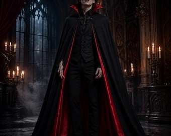 Black Vampire Cloak Men Gothic Dracula Cape Cotton Halloween Cloak Red Lined Vampire Costume Medieval Cape Cosplay Renaissance, LARP Cloak