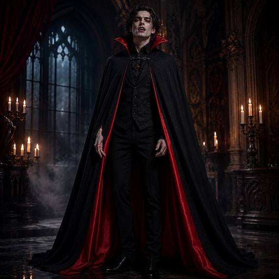 Black Vampire Cloak Men Gothic Dracula Cape Cotton Halloween Cloak Red Lined Vampire Costume Medieval Cape Cosplay Renaissance, LARP Cloak