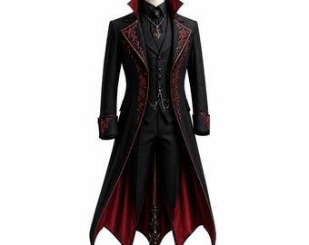 Men's Victorian Gothic Red Embroidered Tailcoat – Steampunk Wedding Frock Jacket, Festival Vampire Black Costume Cotton Long Aristocrat Coat