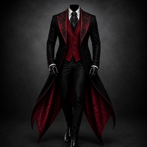 May include: A long black coat with red interior lining and intricate black embroidery on the lapels, worn over a red vest, a white collared shirt, a black cravat, and black trousers. The ensemble includes black gloves and black dress shoes.