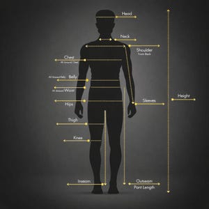May include: A black silhouette of a human figure against a dark gray background, featuring yellow dashed lines and arrows indicating body measurement points labeled Head, Neck, Shoulder, Chest, Belly, Waist, Hips, Thigh, Knee, Inseam, Sleeves, Height, and Outseam.