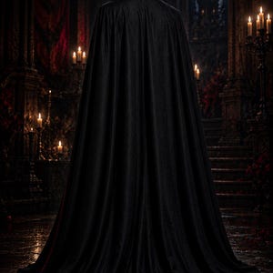 May include: A floor-length black cape with a high collar and a red inner lining. The garment features a structured, upright collar that frames the neck, with the fabric draping down to the floor in long, vertical folds from the shoulders.